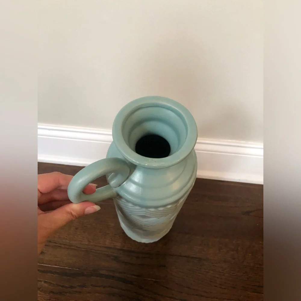 Bed Bath & Beyond Large Sea Blue Herringbone Decor Jug Bottle Pitcher Vase - EUC